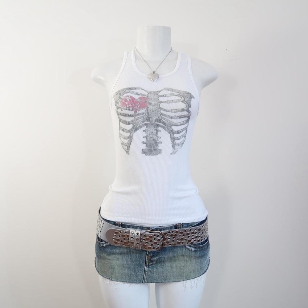 y2k skeleton ribcage graphic tank pink heart emo grunge baby tee size S - Picture 2 of 3
